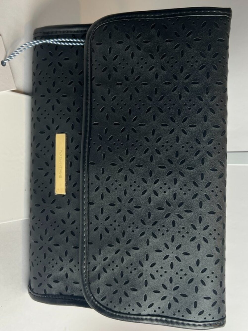Tartan + Twine Black Laser Cut Foldover Clutch Vegan Leather NWT